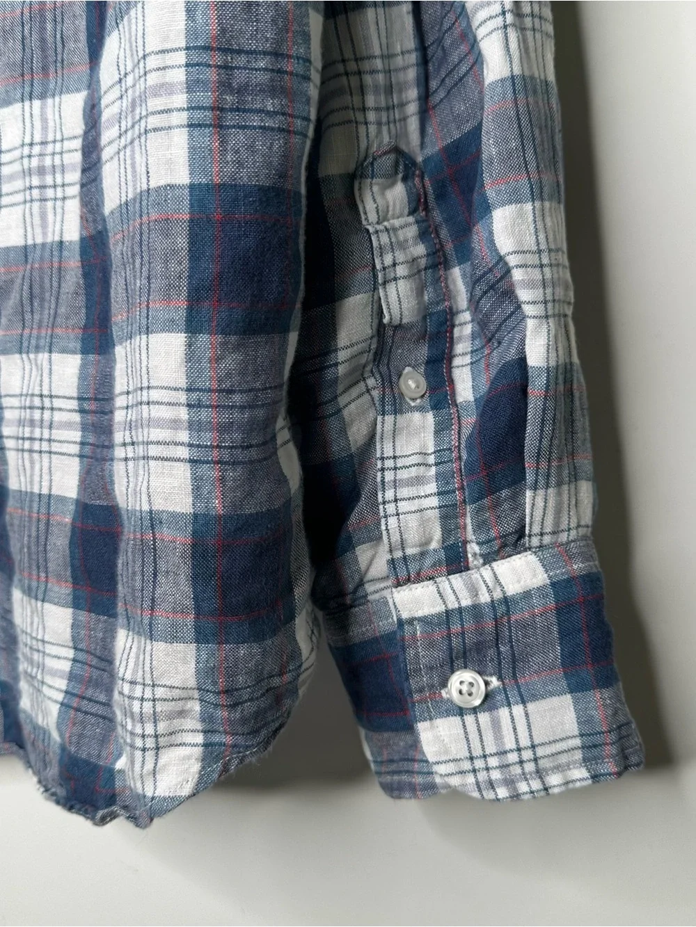 J. Crew Baird McNutt Irish Linen Plaid Shirt Mens XL Slim Blue White Button Down
